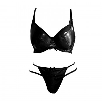 Leather Lingerie Women Sexy Black Thong Tight Bra Top Bikini Set Erotic Latex Bandage 